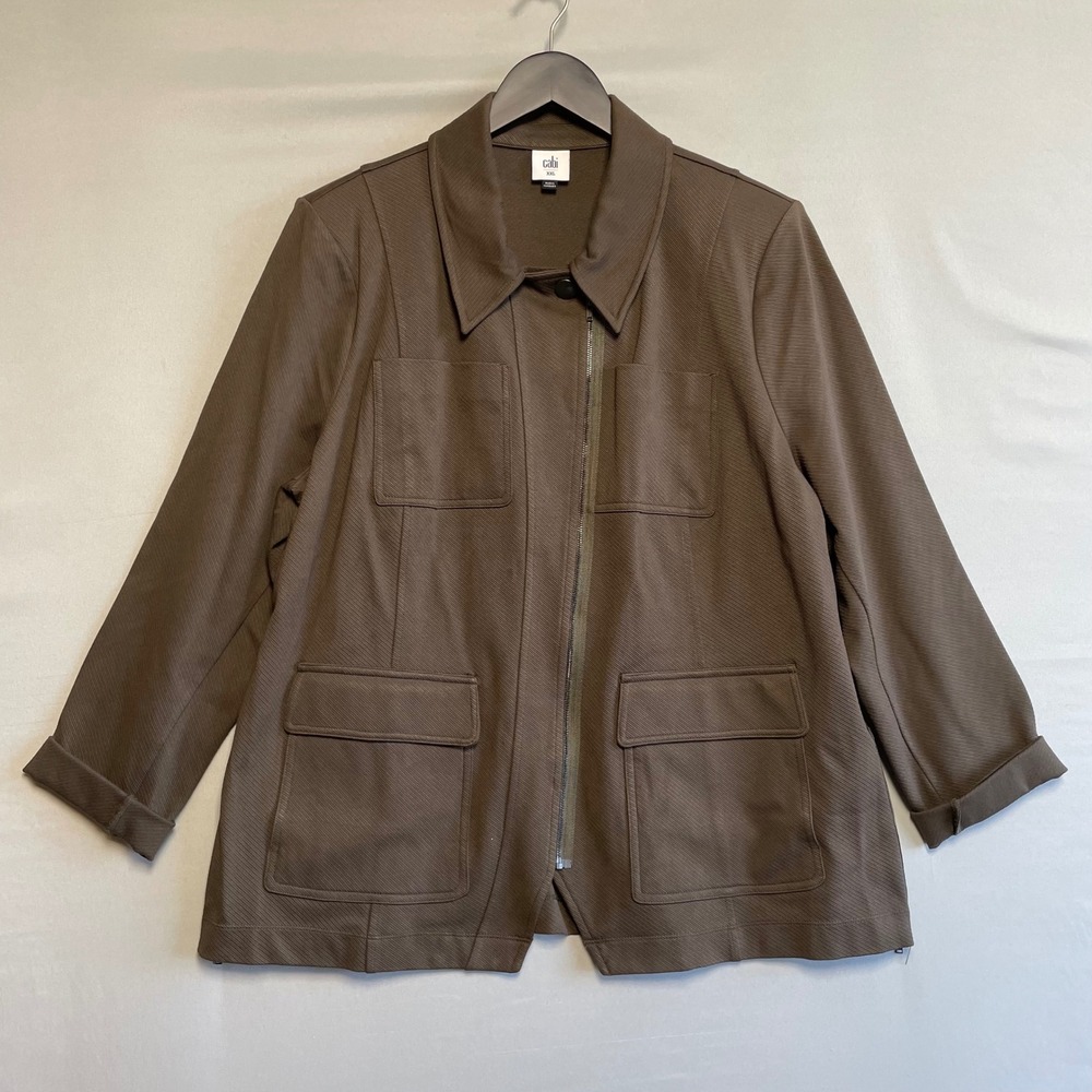 Cabi Womens Olive Brown Textured Zip Front Jacket Utility Style Pockets Size XXL